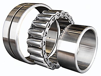Three quarter angle view of the three main ADAPT bearing components on a white background – inner race, cage and rollers and the outer race.