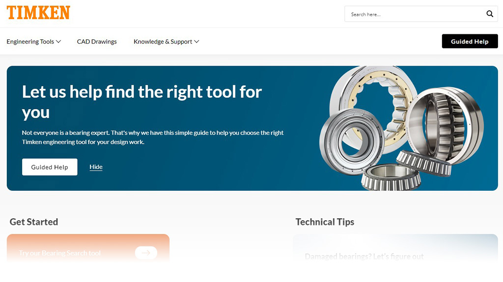 Image of the home page of Timken's Engineering Tools website.