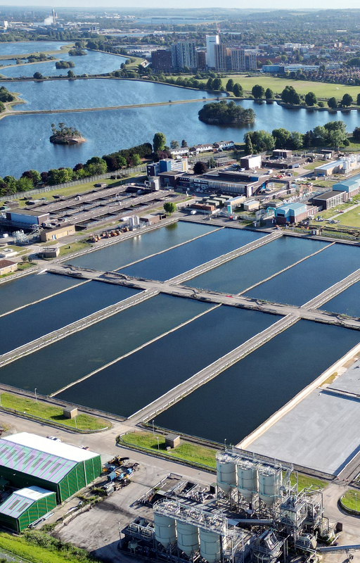 Aerial view of a water treatment plant in London.
