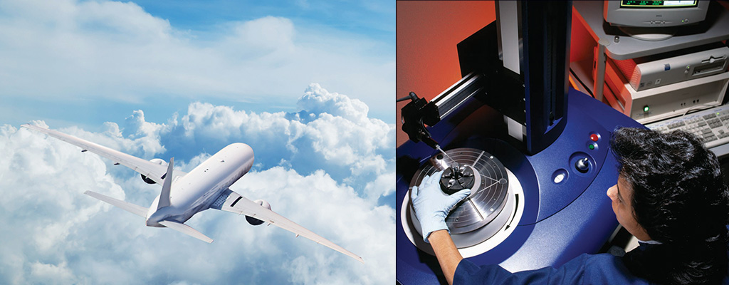 A photo of an airplane flying above the clouds next to a photo of a woman repairing bearings.