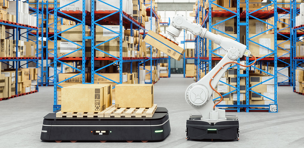 Automation with AGV and robotic arm in modern distribution warehouse.