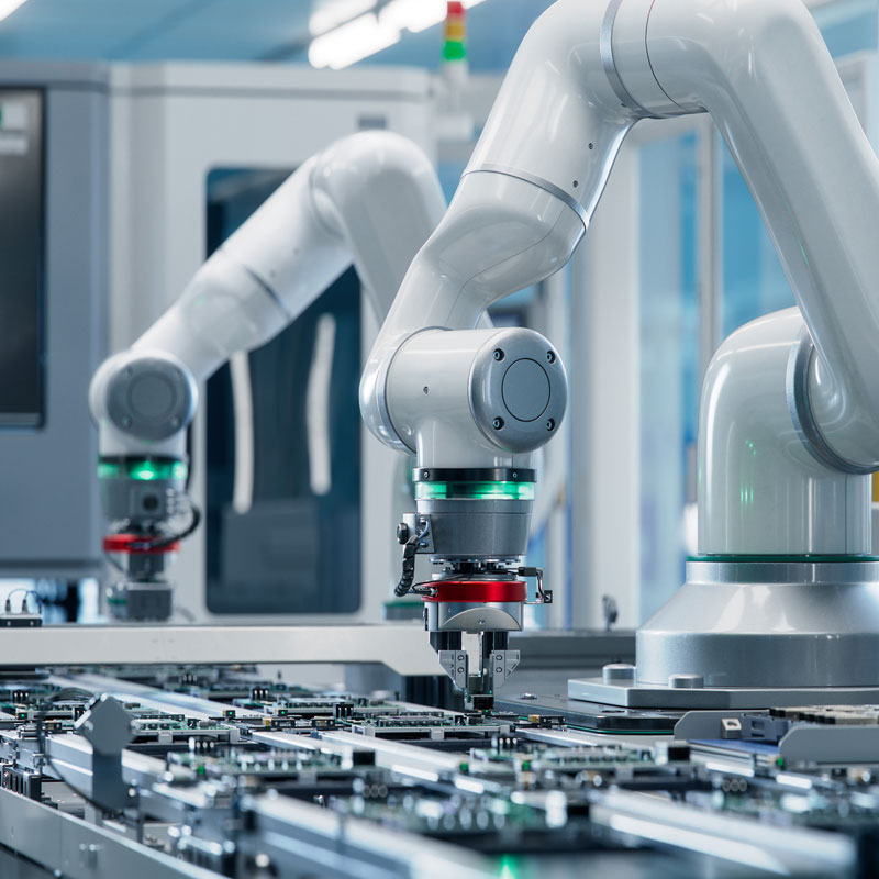 Two white articulated robotic arms performing precision assembly on a circuit board production line.