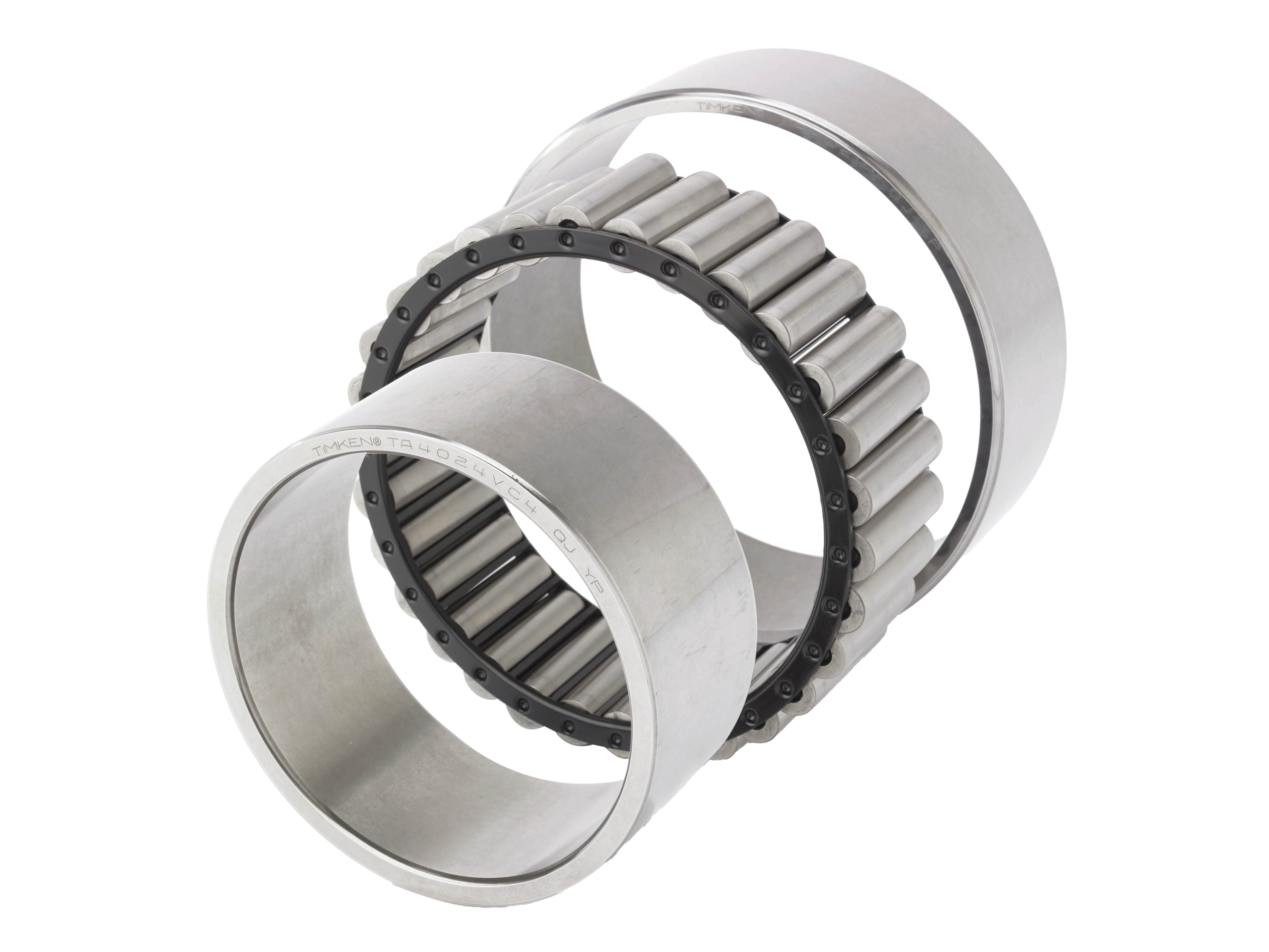 Three quarter angle view of the three main ADAPT bearing components on a white background – inner race, cage and rollers and the outer race.