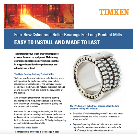 Timken Four-Row Cylindrical Roller Bearings for Long Product Mills Sell Sheet
