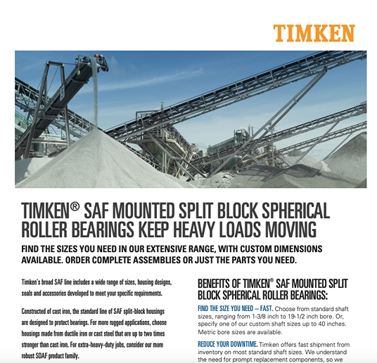 Timken SAF 분할 블록 장착형 구형 롤러 베어링 판매 자료
